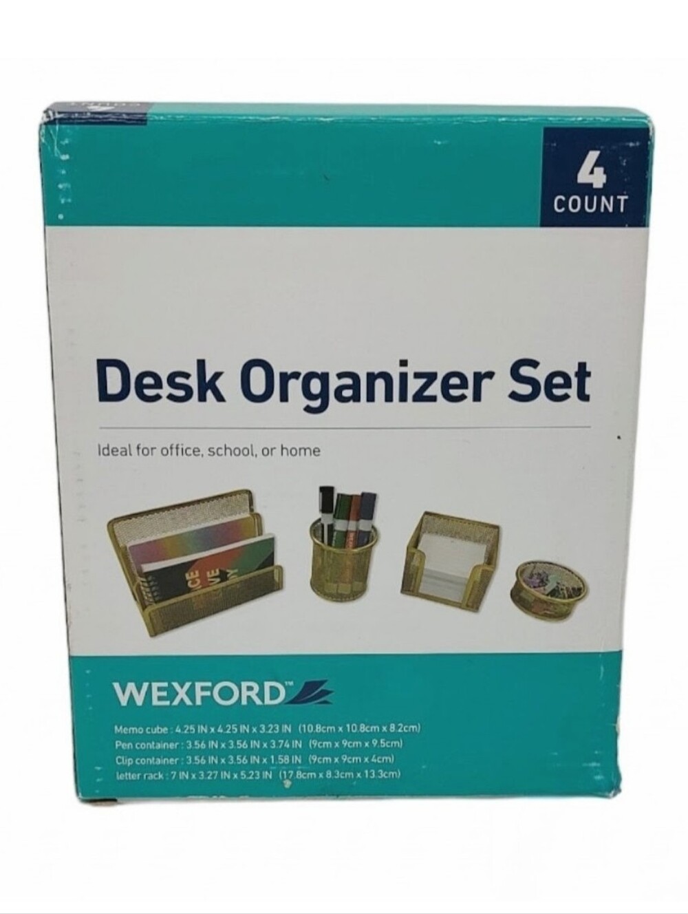 4pc Gold Metal Wire Desk Organizer Set Letter Tray, Pen & Clip Containers Memo